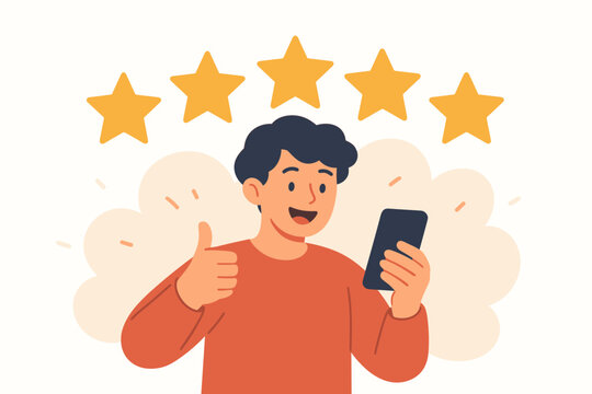 Customer satisfaction concept. Happy man gives a positive five star review on a mobile phone. User experience feedback, client rating and best service with thumbs up gesture.