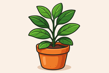 Potted plant cartoon vector illustration. Houseplant with fresh green leaves in a terracotta pot. Isolated flat icon for gardening, growth, nature, botany, and ecology concepts.