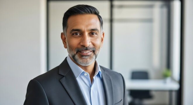Portrait of a successful mature Indian businessman smiling in a modern office. Confident middle-aged ethnic male ceo or manager looking at camera. Corporate leadership concept.