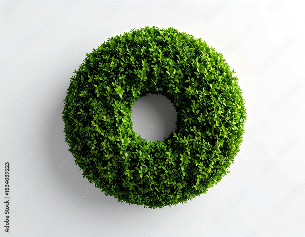 Poster top-down view of a neatly pruned hedge shrub in a circular shape, 3d render style, high-detail leaf 