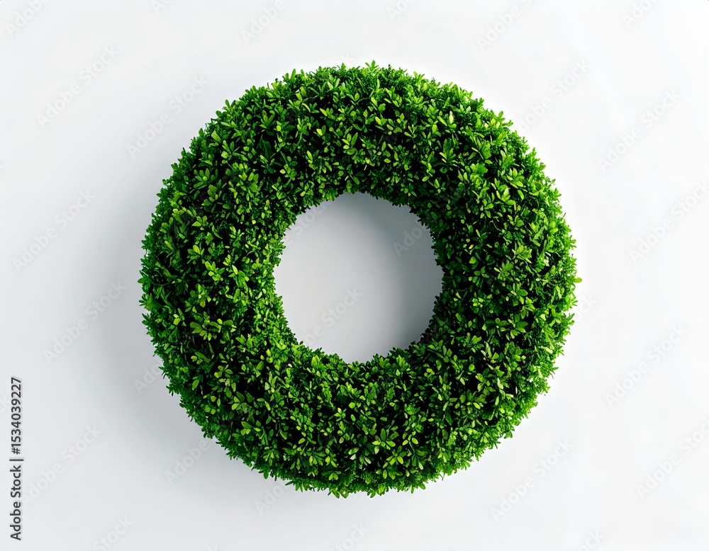 Poster top-down view of a neatly pruned hedge shrub in a circular shape, 3d render style, high-detail leaf 