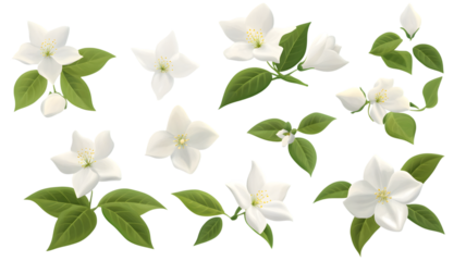 Elegant floral arrangement of jasmine flowers with green leaves and blossoms on a unique geometric background composition.