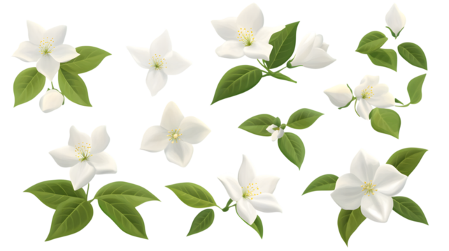 Elegant floral arrangement of jasmine flowers with green leaves and blossoms on a unique geometric background composition.