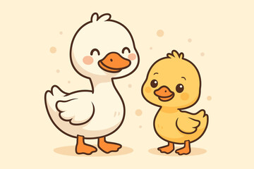 Cute cartoon goose and duckling vector illustration. Adorable kawaii characters of a mother and baby bird. Farm animal family and friendship concept for kids nursery design.