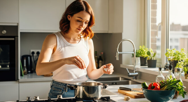Young beautiful woman adding salt to a pot while cooking a healthy meal in a modern kitchen. Housewife preparing delicious food with fresh vegetables and herbs at home. - Powered by Adobe