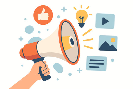 Digital marketing and advertising concept. Hand holding a megaphone for a promotion campaign. Social media communication, content strategy with like, idea, video, and photo icons.