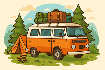 Retro camper van at campsite. Summer vacation road trip adventure. Vintage minibus with luggage in forest for camping. Outdoor travel, tourism, and van life concept illustration.