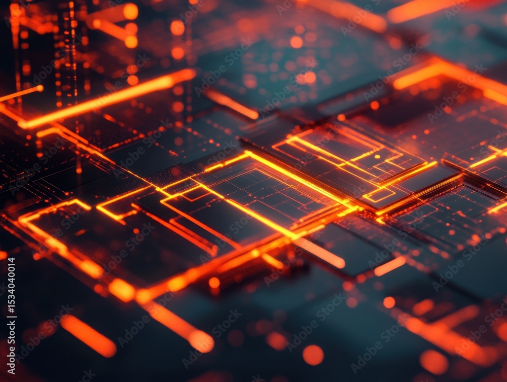Poster abstract circuit board with glowing orange lines and points technology concept