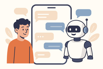 Man chatting with AI chatbot on smartphone. Virtual assistant robot provides customer service and support. Online communication concept with artificial intelligence technology. Help desk.