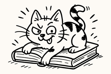 Funny cartoon cat with a mischievous expression lying on a book. Naughty kitten character doodle. Hand drawn vector line art illustration for library, education or pet themes.