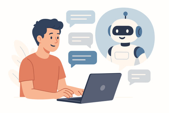 Man chatting with AI chatbot on a laptop. User conversation with a virtual assistant bot for customer support. Online help service with a friendly robot. Artificial intelligence concept.