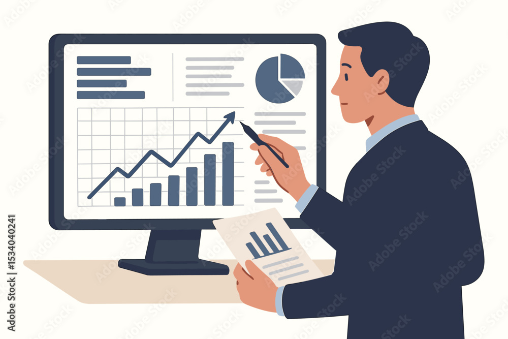 Poster financial analyst working with data dashboard on monitor. business investment strategy, stock market