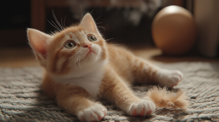 Ginger tabby little kitten lying on carpet and looking up. 