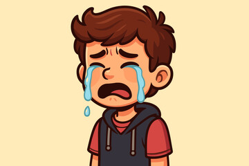 Obraz premium Upset young boy crying with tears. Concept of sadness, grief, depression, and bullying. Unhappy child with negative emotions. Vector illustration of a kid in despair and pain.