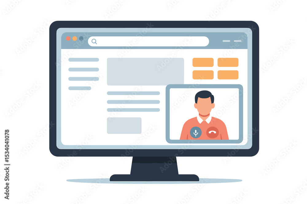Poster man on video call on computer monitor. online meeting, web conference, and remote work concept. virt