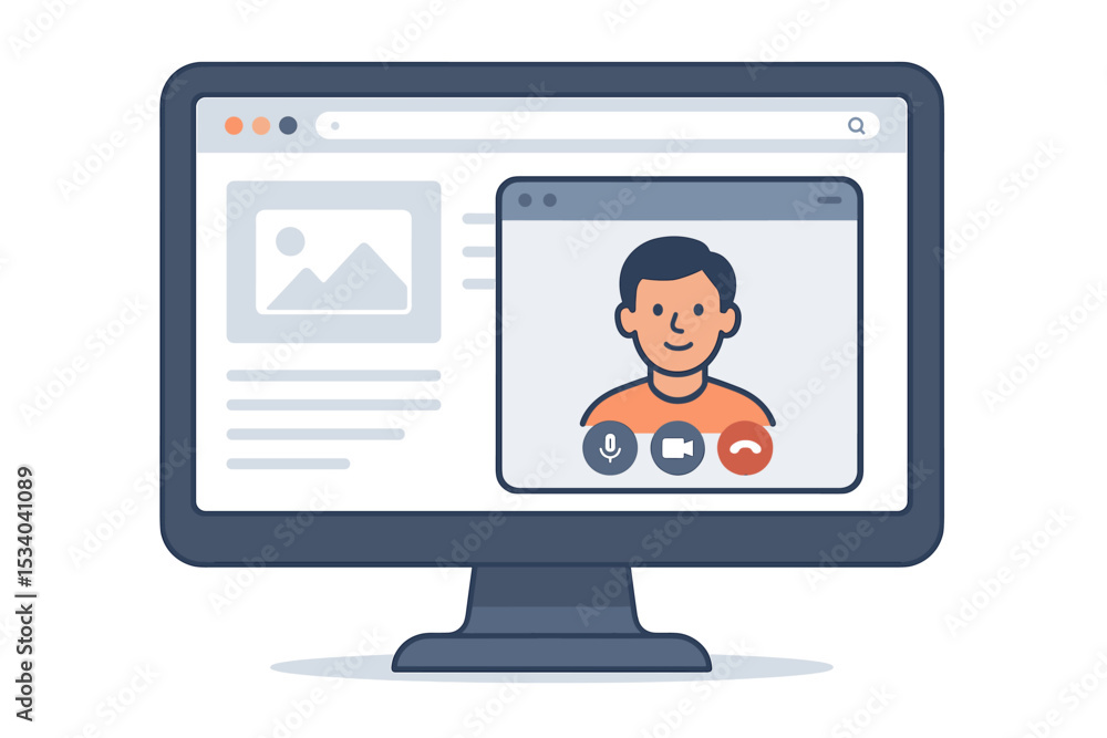 Poster video call on computer monitor. man in online meeting for remote work or distance learning. web conf