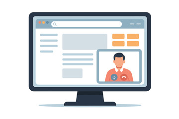 Man on video call on computer monitor. Online meeting, web conference, and remote work concept. Virtual business communication and webinar technology. PC screen with browser. Vector
