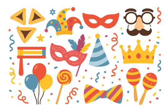 Happy Purim carnival set. Jewish holiday celebration with costume accessories. Vector illustration of mask, hamantaschen, gragger, crown, party hat, balloons and confetti.