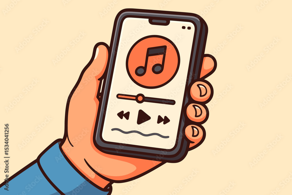 Poster hand holding smartphone with music player app on the screen. listening to a song or podcast on a str
