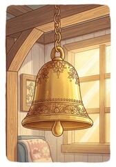 Obraz premium Ornate Golden Bell in Cozy Cottage - A golden bell, adorned with intricate floral designs, hangs in a rustic cottage, bathed in warm sunlight.