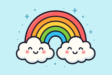 Kawaii rainbow and cute smiling clouds characters. Cheerful cartoon vector illustration for kids nursery. Happy weather icon. Symbol of hope, joy, and positive emotions.