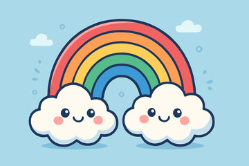 Cute kawaii rainbow with two smiling cloud characters. Happy cartoon vector illustration on a blue sky background. Friendship, love, joy, and childhood. Adorable weather design for kids.