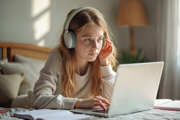 Young woman studying online with headphones and laptop