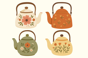 Collection of cute vintage teapots with hand-drawn floral ornaments. Retro kettle set illustration for tea time or cafe menu. Cozy kitchenware vector icons in folk art style.