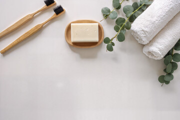 Natural eco-friendly bathroom essentials with bamboo toothbrushes
