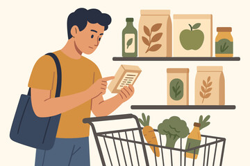 Man reading food label in a supermarket. Young customer choosing healthy organic products. Conscious buyer checking ingredients list on a package. Smart grocery shopping concept.