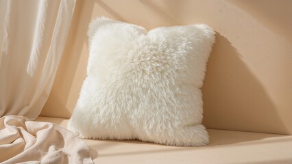 Close up of a fluffy white square pillow with a beige blanket and background in soft lighting