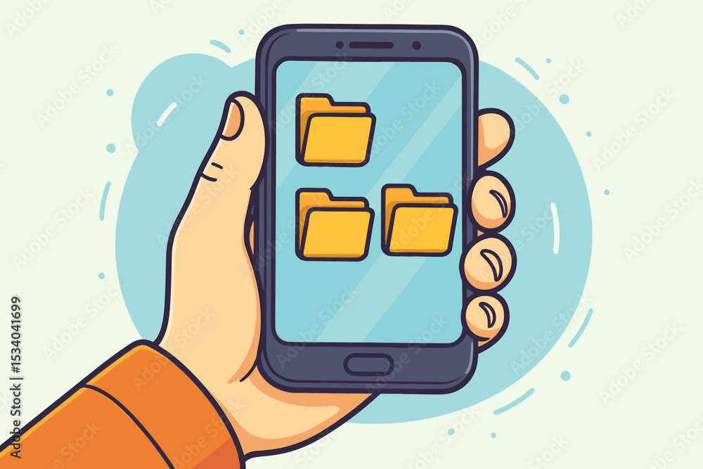 Poster hand holding smartphone with folder icons on screen. digital organization, file management, data sto
