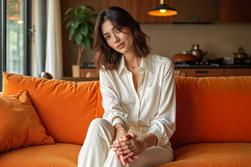 Woman in cream pajamas relaxing on orange sofa