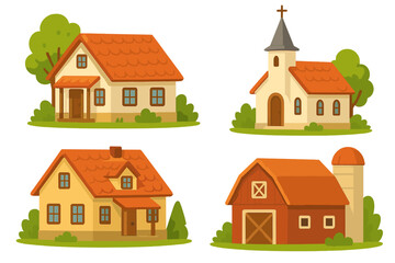 Set of countryside buildings illustration. Cartoon village houses, church, and red farm barn with silo. Rural architecture collection for game design or map element. Vector icon.