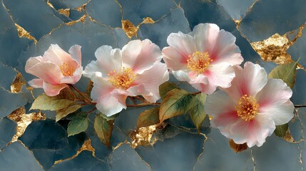 Elegant Pastel Flowers on Cracked Gold   Grey Marble