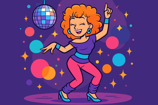Retro disco vibes with a cartoon woman dancing. Funky 80s style character at a party under a disco ball. Groovy illustration for nightclub, music event or celebration flyer. - Powered by Adobe