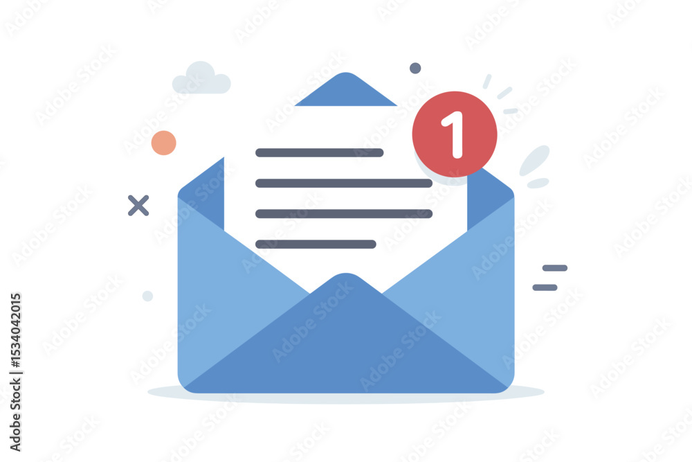 Poster email notification icon with one new message. open envelope with letter in inbox. vector illustratio