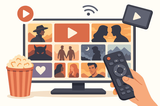 Smart TV entertainment concept. Hand with remote choosing movie on a streaming service platform. Video on demand user interface with film selection. Online cinema, binge watching.