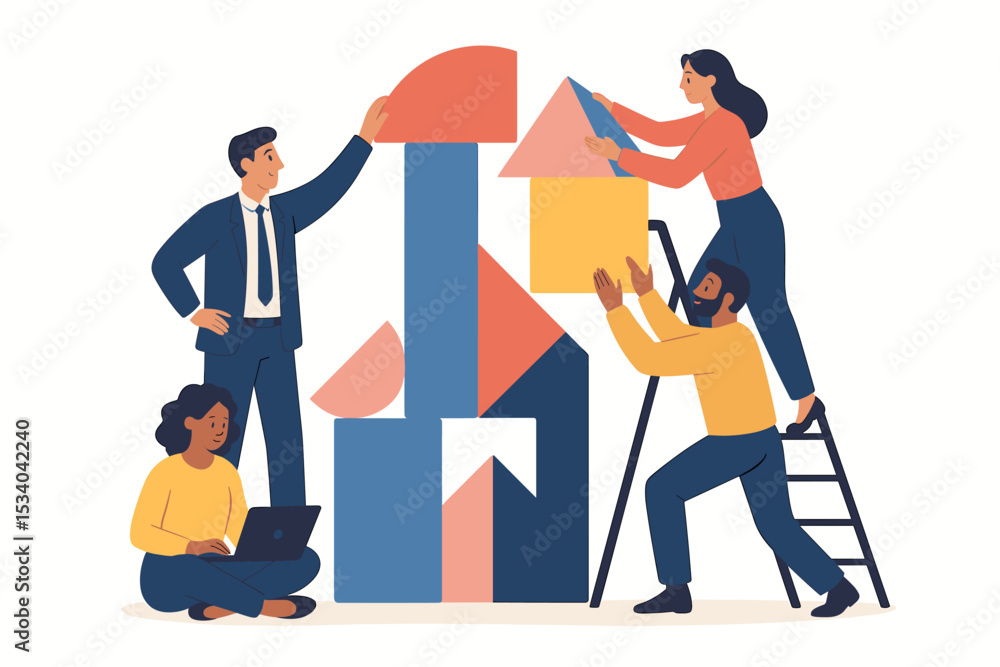 Poster teamwork collaboration concept with diverse people building a structure from geometric shapes. busin