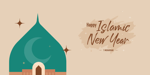 Happy Islamic New Year greeting card design with modern art style concept