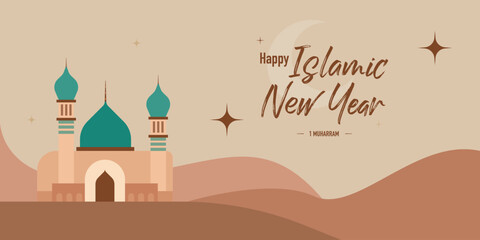 Happy Islamic New Year greeting card design with modern art style concept