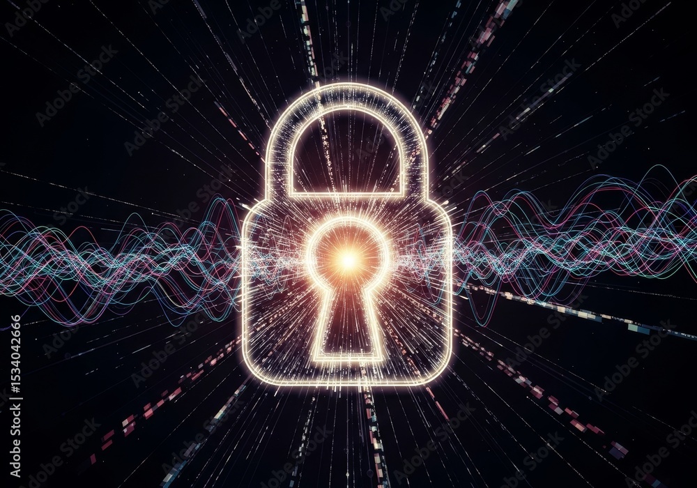 Poster security lock - abstract of a glowing padlock surrounded by data streams, symbolizing cybersecurity 