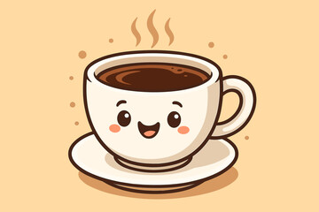Obraz premium Cute coffee cup character with a happy smile. Kawaii cartoon mascot of a hot black coffee mug with steam. Cheerful beverage illustration for a cafe menu, coffee shop, or morning.