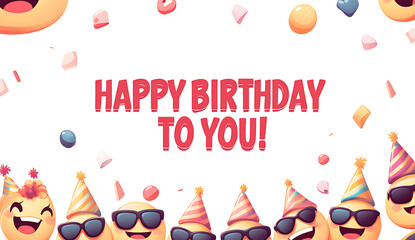A banner with happy, smiling emoji faces wearing party hats and sunglasses, celebrating a birthday in a vector style.