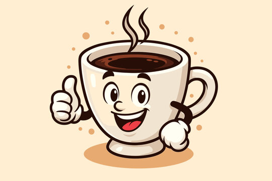 Happy coffee cup cartoon mascot giving a thumbs up. Cute character with a smiling face. Steaming hot mug of black coffee or espresso. Vector logo icon for cafe or coffee shop.
