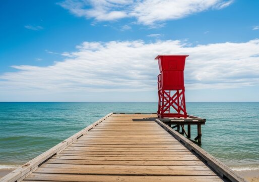 Serene Beach Pier with Lifeguard Stand - A tranquil beach scene featuring a wooden pier extending into a calm ocean under a bright blue sky, with a red lifeguard stand at the end