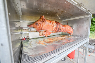 Barbecue with young pig grill Whole roasted piglet body turning on grill. Large barbecue in the process of cooking meat