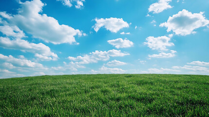 Obraz premium Lush Green Grassland Under Bright Blue Sky with Scattered Clouds