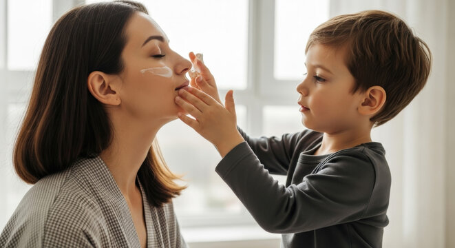 Caring little son gently applying moisturizing cream to mother's face. Tender family moment during a morning beauty and skincare routine. Motherhood and wellness concept at home. - Powered by Adobe