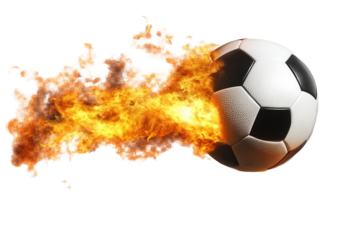 Soccer ball erupts in flames while soaring through the air against a transparent background